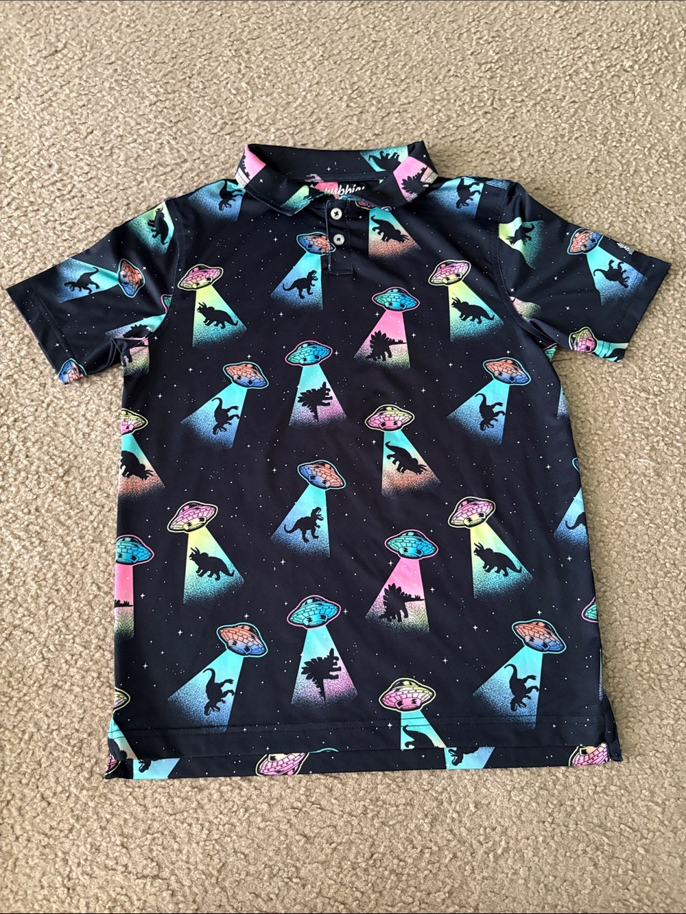 chubbies Kids Polo Shirt — Black with Neon Blue Pink Green Accents